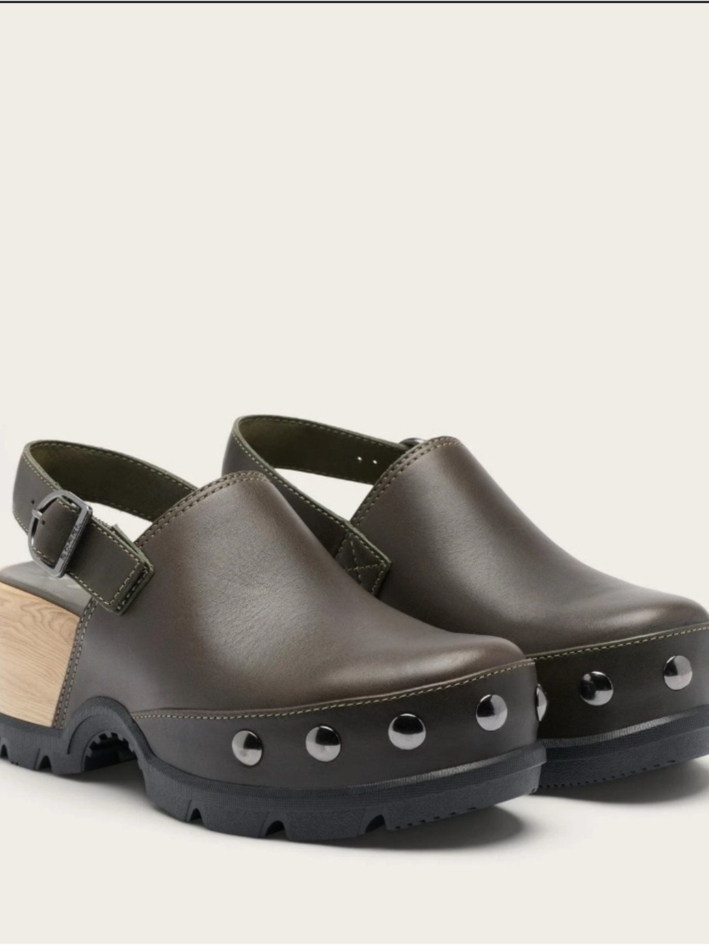Sorel Olive Brown Leather Clog Mules with Wood Heel - Picture 2 of 5